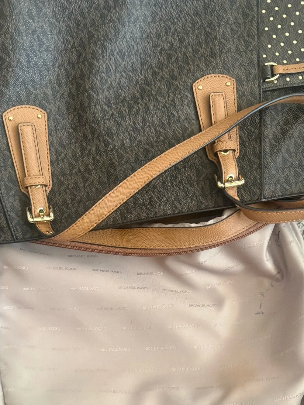 Michael Kors Tote East West Signature Jacquard Voyager Dark Brown Bag Purse
